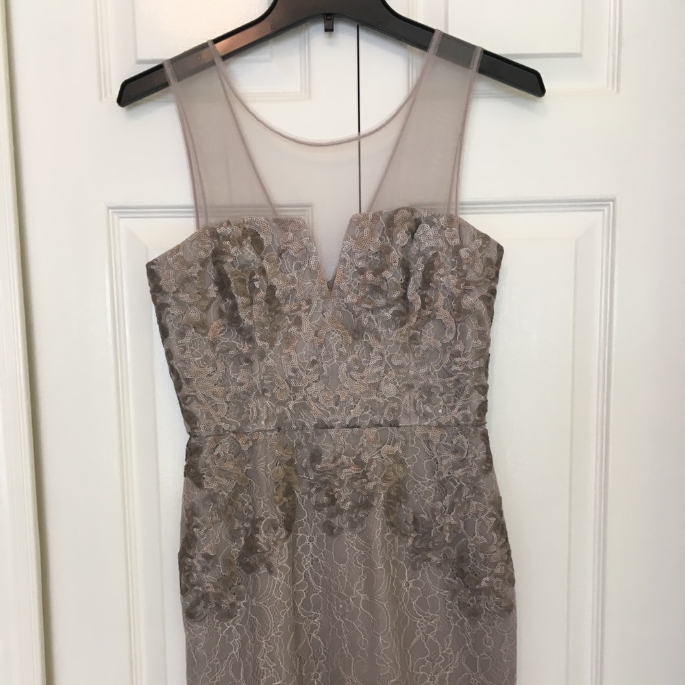 Taupe and gray lace dress for formal occasion